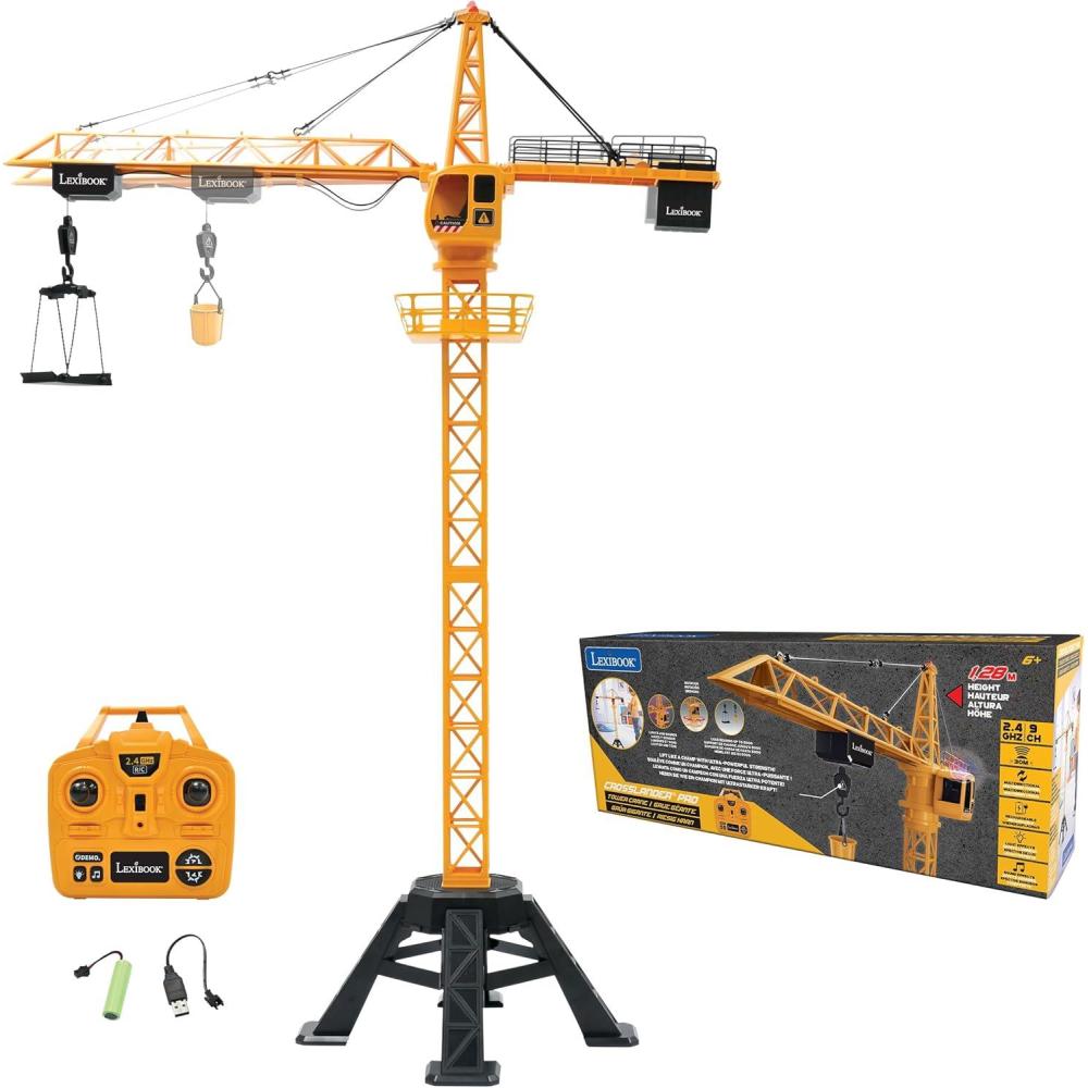 imageLEXiBOOK Crosslander pro RC Excavator Remote Controlled Backhoe Automatic Shovel Play mat Sand Moulds 2 Trucks and a Bridge in Boxes Included Rechargeable RCP30RC Crane