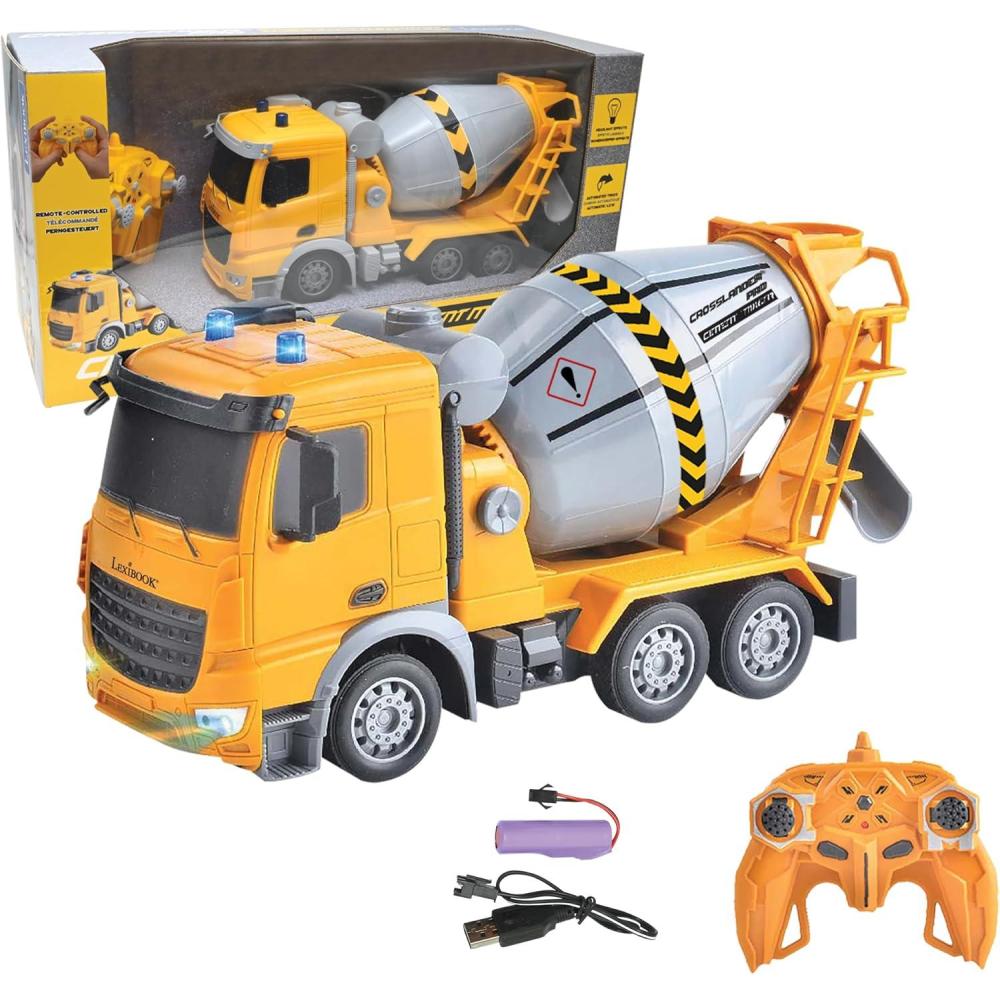 imageLEXiBOOK Crosslander pro RC Excavator Remote Controlled Backhoe Automatic Shovel Play mat Sand Moulds 2 Trucks and a Bridge in Boxes Included Rechargeable RCP30RC Concrete Mixer
