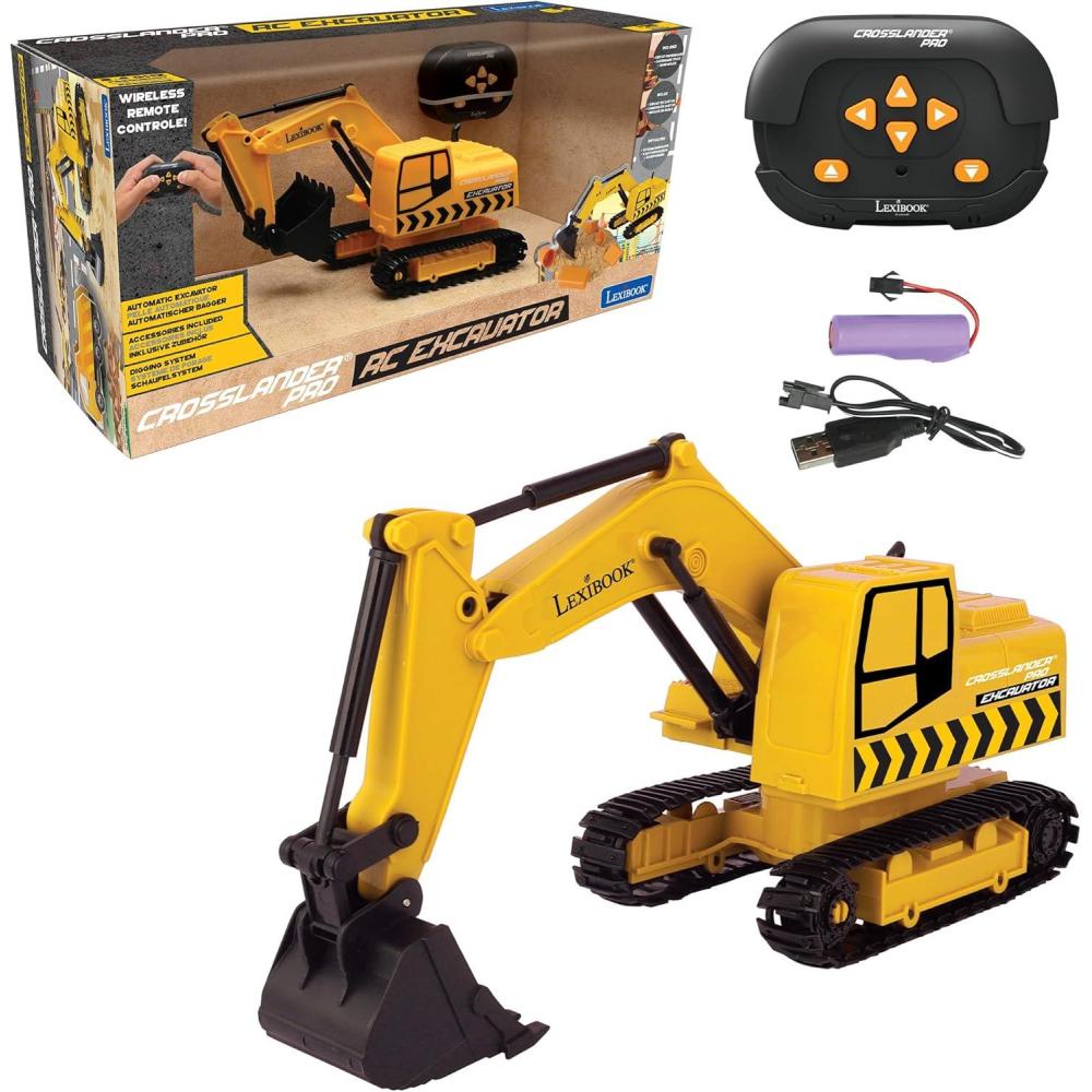 imageLEXiBOOK Crosslander pro RC Excavator Remote Controlled Backhoe Automatic Shovel Play mat Sand Moulds 2 Trucks and a Bridge in Boxes Included Rechargeable RCP30RC Excavator