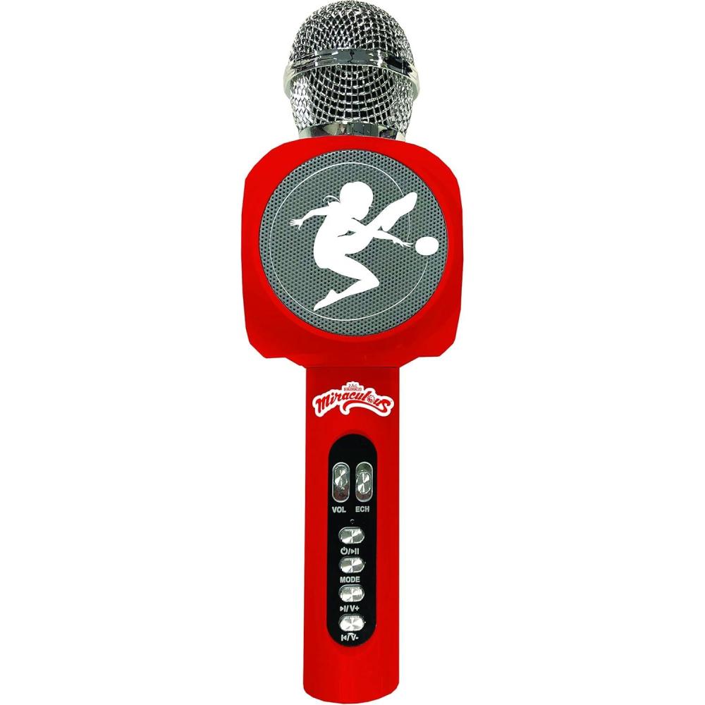 imageLEXiBOOK Miraculous Wireless Microphone with Speaker and Lights Bluetooth Voice Change Function Light Effects Micro SD Port USB Silverred MIC260MI
