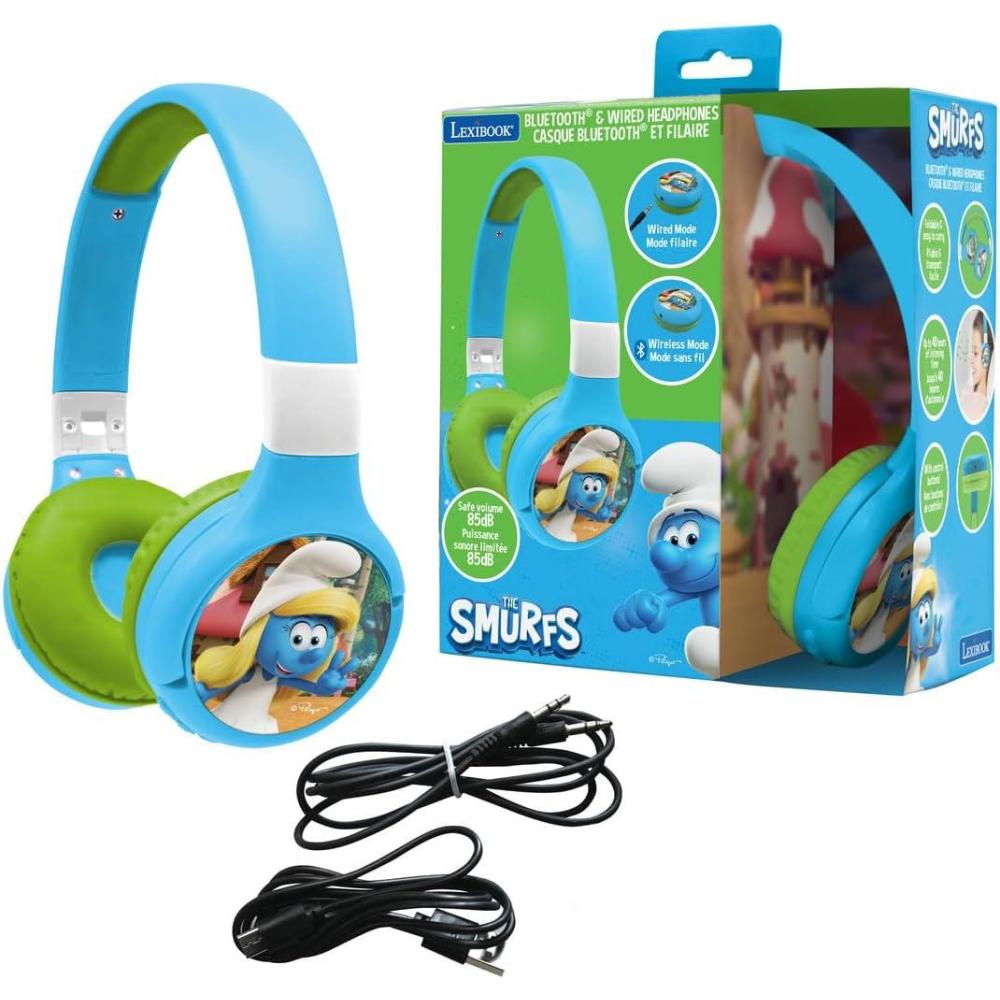 imageLEXiBOOK The Smurfs 2in1 Bluetooth ampamp Wired Headphones with Microphone and Control Buttons Foldable and Adjustable LongLasting Rechargeable Battery BlueGreen HPBT010SF