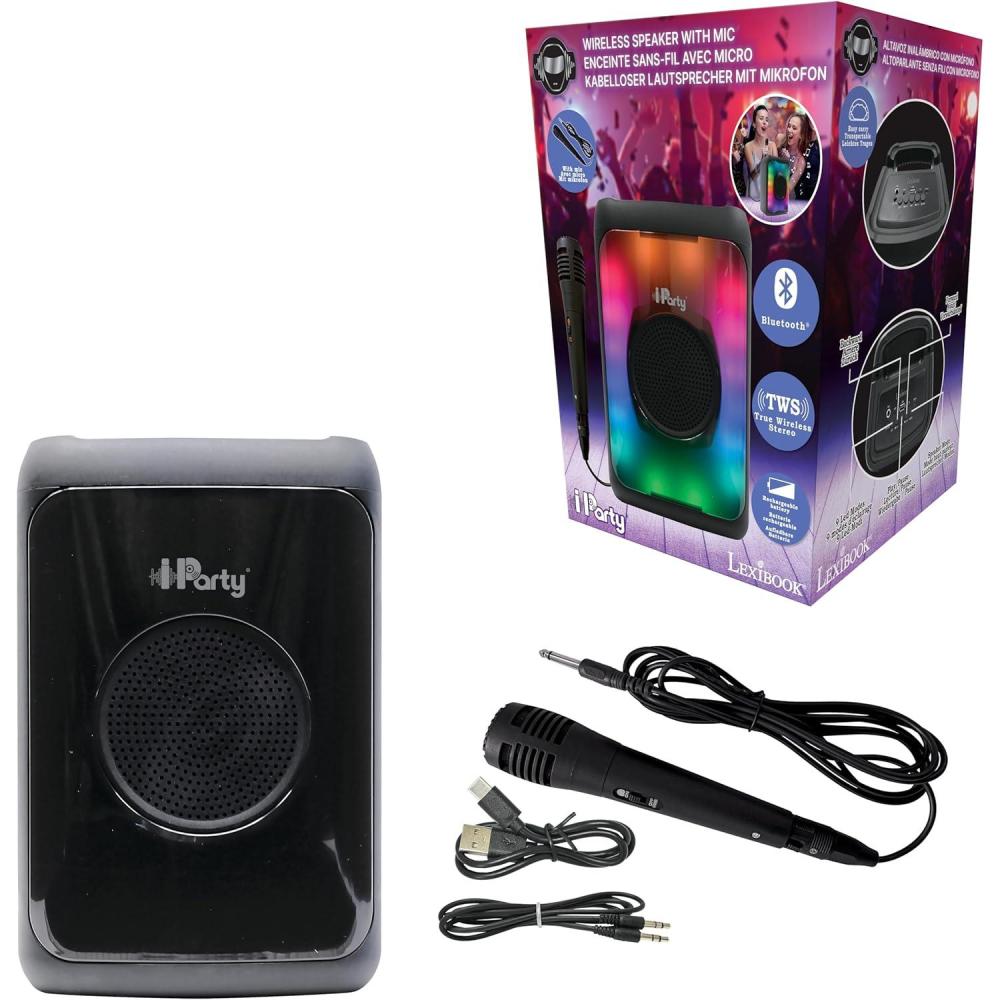 imageLEXiBOOK iParty Portable Bluetooth Speaker with Microphone Powerful Sound Volume Multicolour Light Effects Rechargeable Battery K8310K8320