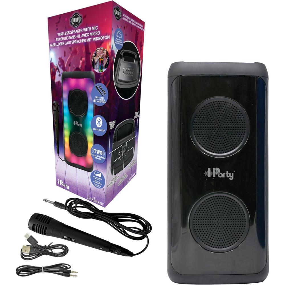 imageLEXiBOOK iParty Portable Bluetooth Speaker with Microphone Powerful Sound Volume Multicolour Light Effects Rechargeable Battery K8310K8330