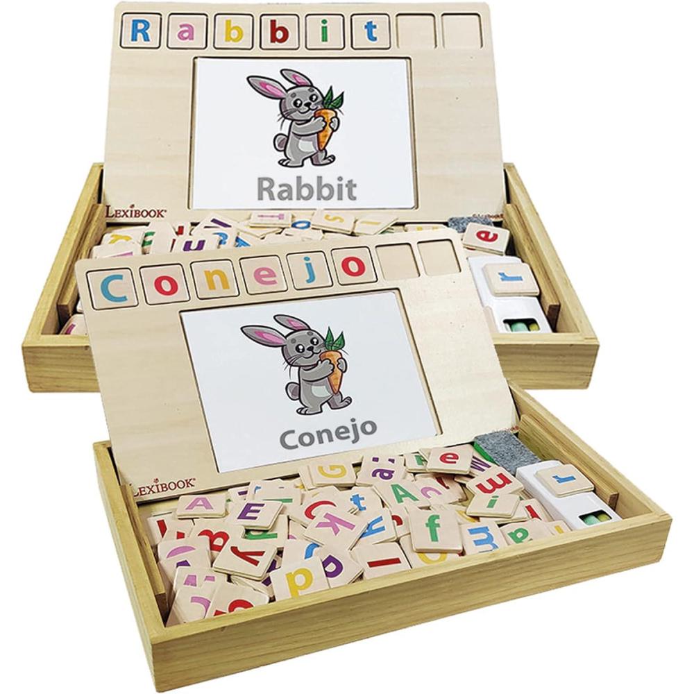 imageLexibook Bio Toys Word School Bilingual SpanishEnglish Wooden Game 50 Word Cards Alphabet Educational Game EDU100i2Word School