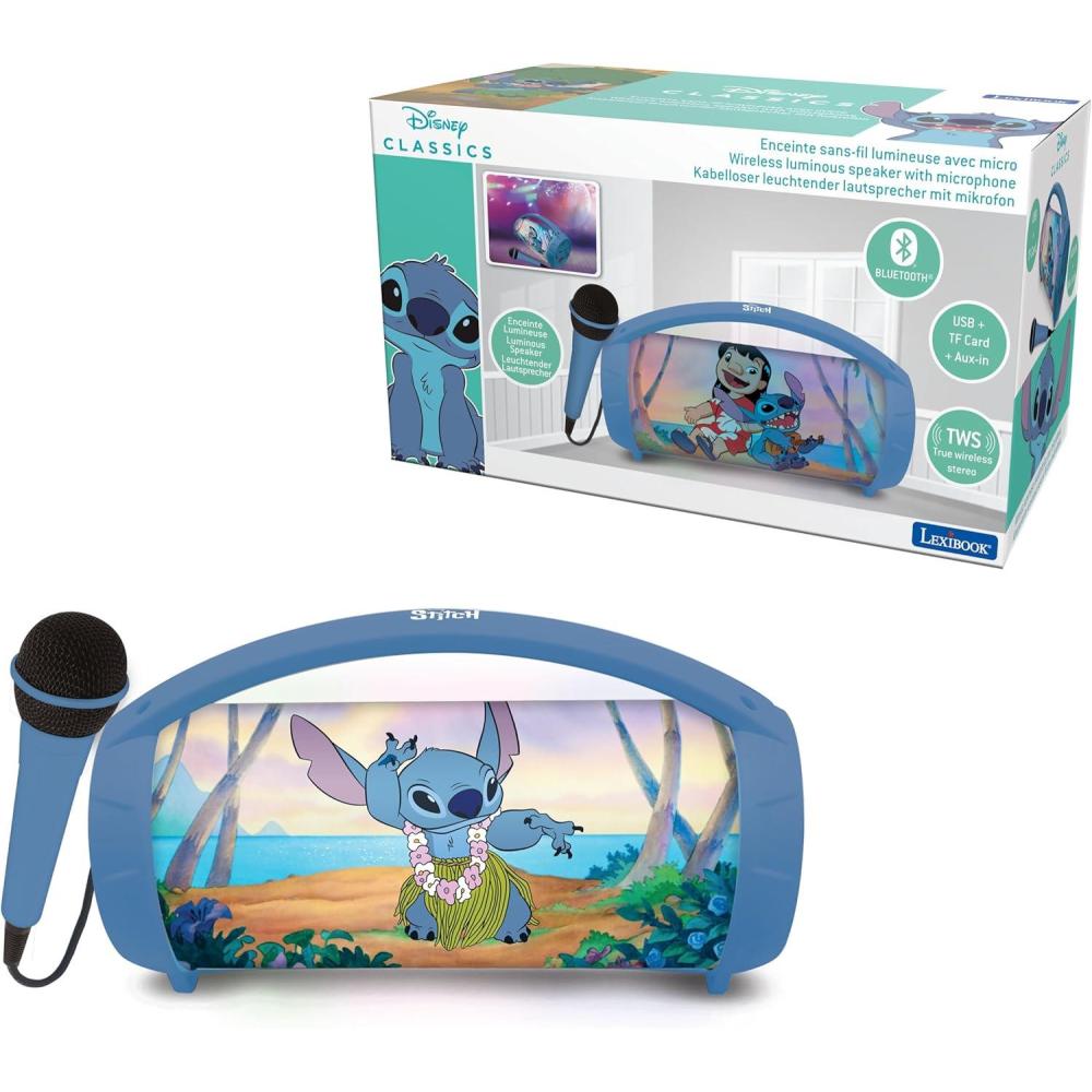 imageLexibook iParty Portable Bluetooth Light Speaker with Microphone Stereo Light Effects Karaoke Wireless USB SD Card Rechargeable Battery White BTP585ZDisney Stitch