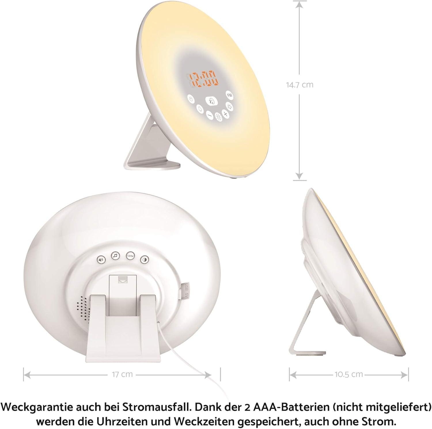 imageLexibook RL998 Decotech Sunrise Colour Alarm Clock Wakeup Light FM Radio Bedside Lamp Sunrise and Sunset Simulation 6 Natural Sounds Snooze Night Light Colours White One Size
