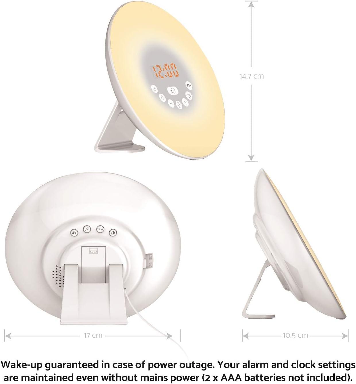 imageLexibook RL998 Decotech Sunrise Colour Alarm Clock Wakeup Light FM Radio Bedside Lamp Sunrise and Sunset Simulation 6 Natural Sounds Snooze Night Light Colours White One Size