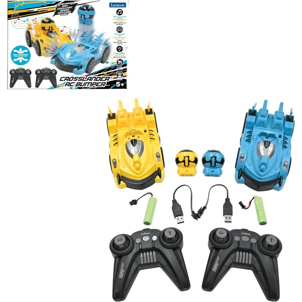 imageLEXiBOOK Crosslander RC Bumper Set of 2 RadioControlled Racer Bumper Cars up to 12 kmh 7mph 2 Removable Characters Sound and Light Effects YellowBlue RC2
