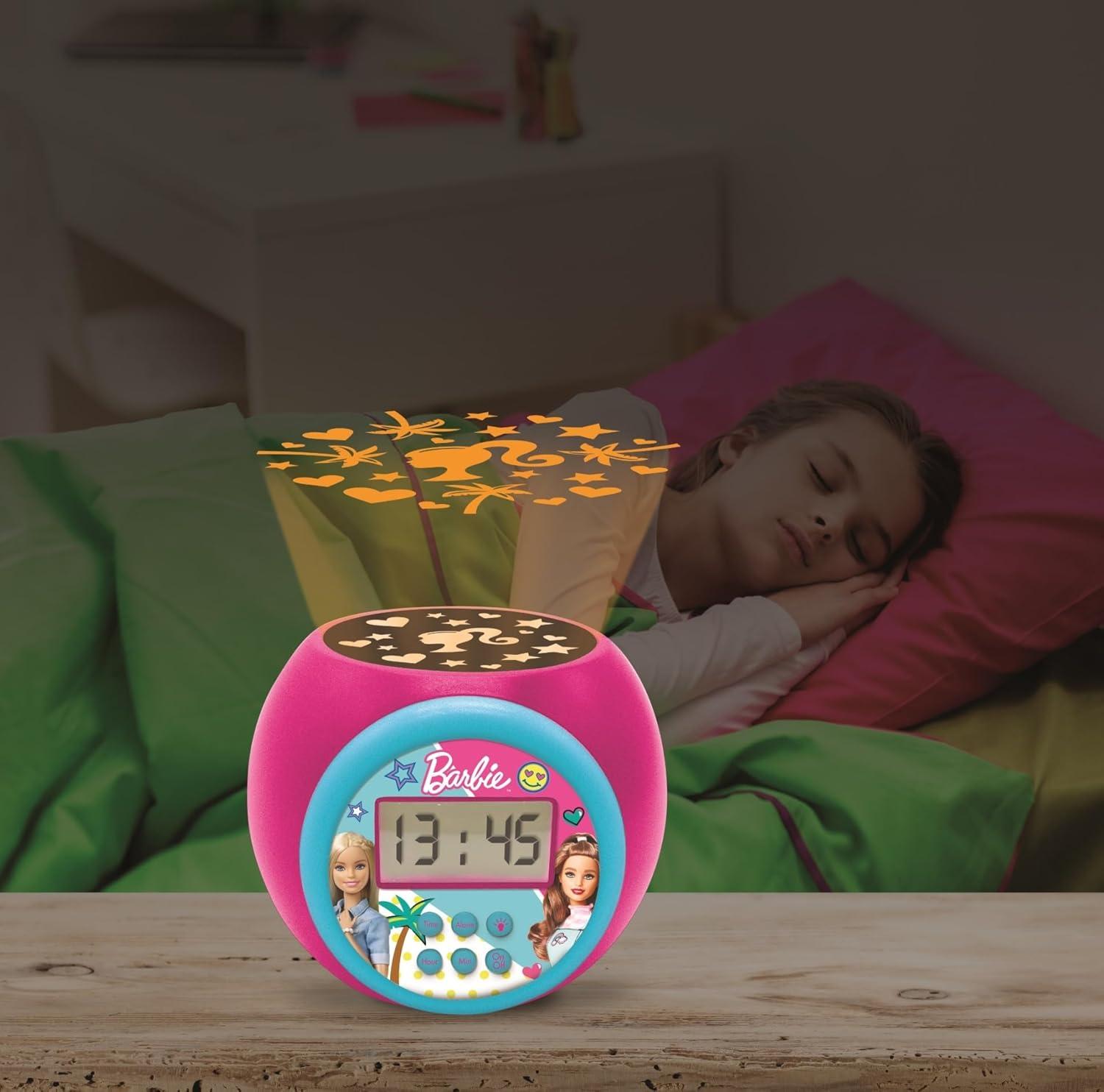 imageLEXiBOOK Barbie Projector Alarm Clock with Snooze Function and Alarm Function Night Light with Timer LCD Screen Battery Operated RL977BB