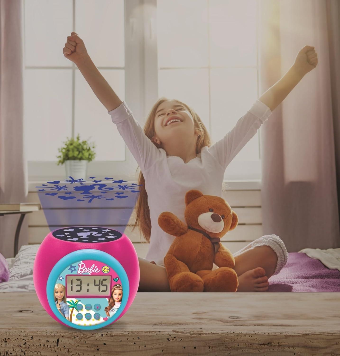 imageLEXiBOOK Barbie Projector Alarm Clock with Snooze Function and Alarm Function Night Light with Timer LCD Screen Battery Operated RL977BB
