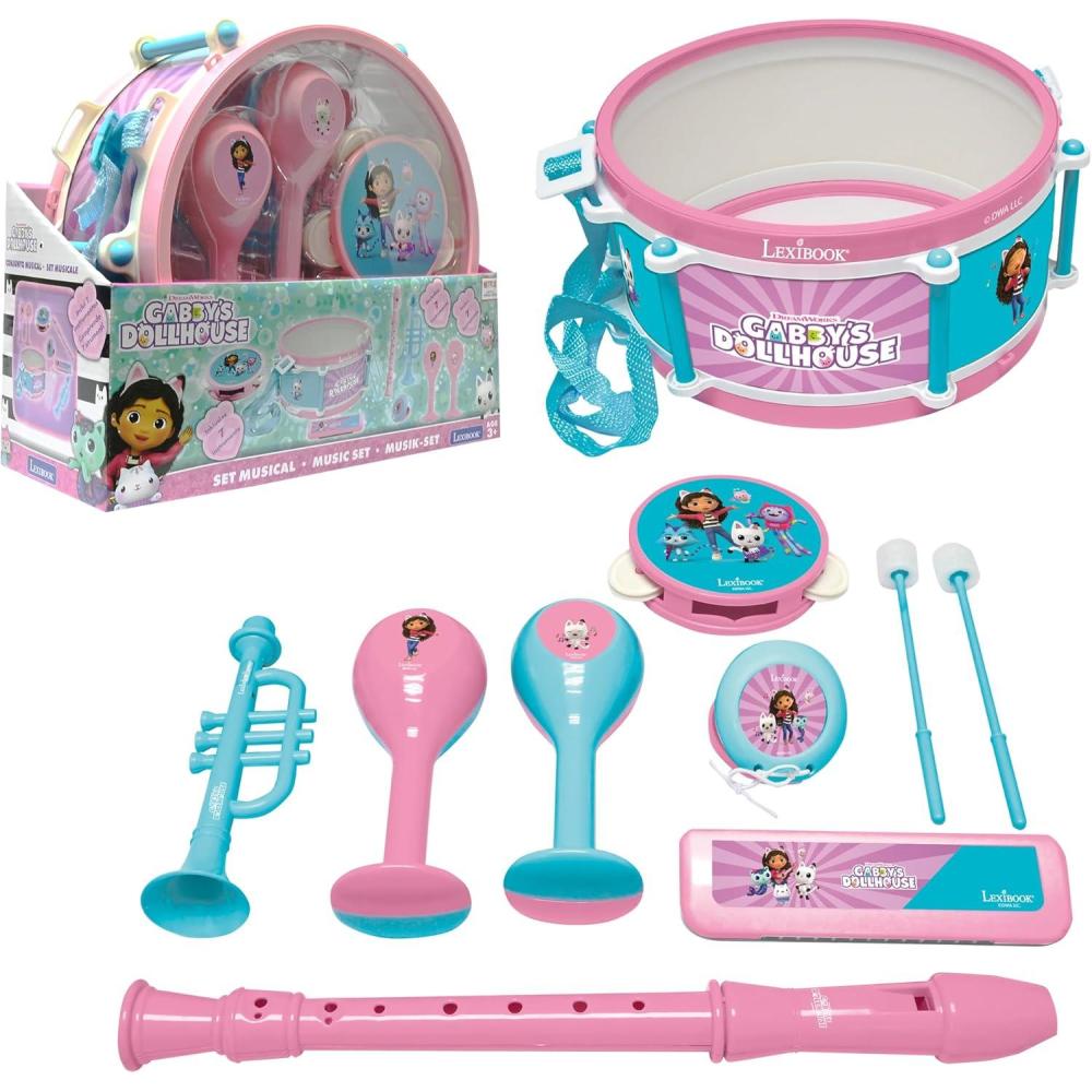 imageLexibook The Gabby Dollhouse Set of 7 Musical Instruments Drum Maracas Castanet Harmonica Flute Trumpets Tambourine Musical Toy Handy to Carry PinkBlue K360GDH