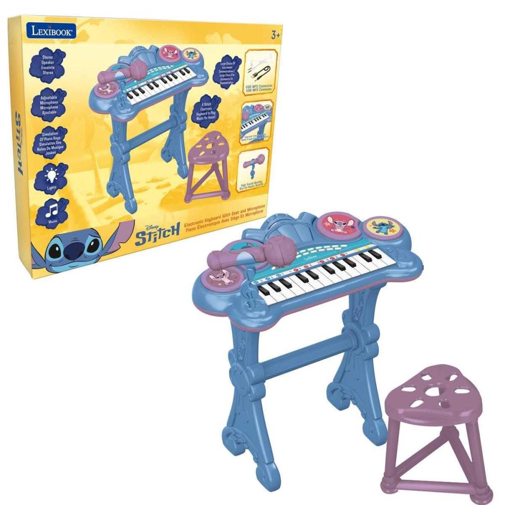 imageLexibook Stitch Electronic Keyboard with Seat and Microphone 24 LightUp Keys for Learning Music and Auxin Cable Blue K707D