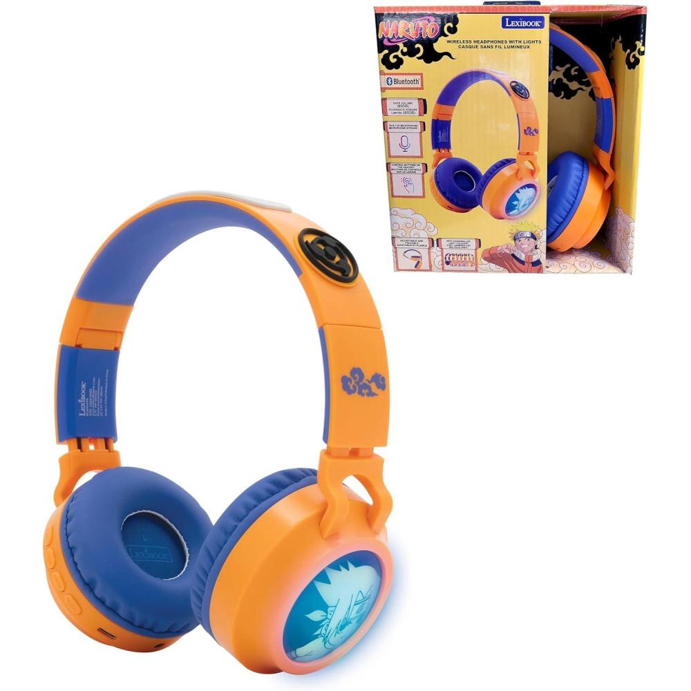imageLEXiBOOK Naruto Foldable LightUp Bluetooth and Wired Headphones with 3D Naruto Universe Design and Volume Limiting Blue Orange HPBT015NA