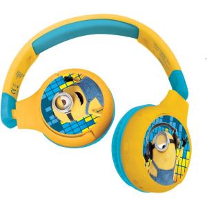 LEXiBOOK Despicable Me 2-in-1 Bluetooth Headphones for Kids Stereo Wireless Wired Kids Safe Foldable Adjustable, Yellow, HPBT010DES