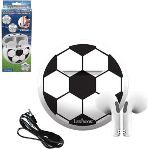 LEXiBOOK, Football, Wireless stereo earbuds, Integrated microphone, Touch control, Charging case, Sound level limited at 85 dB, Black/white, HPBT05FO