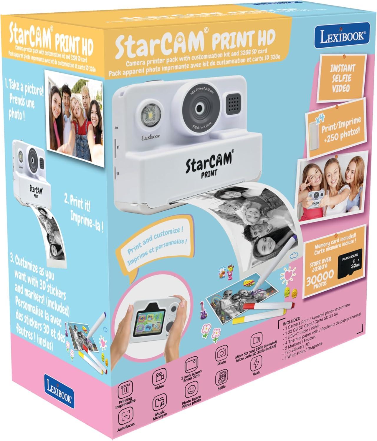 image:imageLexibook StarCAM Print HD Camera with Instant Printer Photo Video Selfie Music and Games Functions Customisation kit and 32GB SD Card Included White DJ160