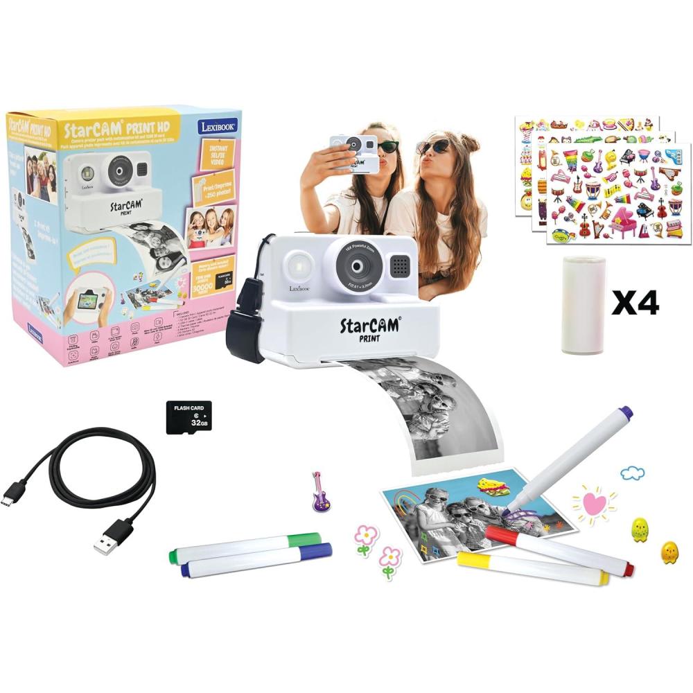image:imageLexibook StarCAM Print HD Camera with Instant Printer Photo Video Selfie Music and Games Functions Customisation kit and 32GB SD Card Included White DJ160